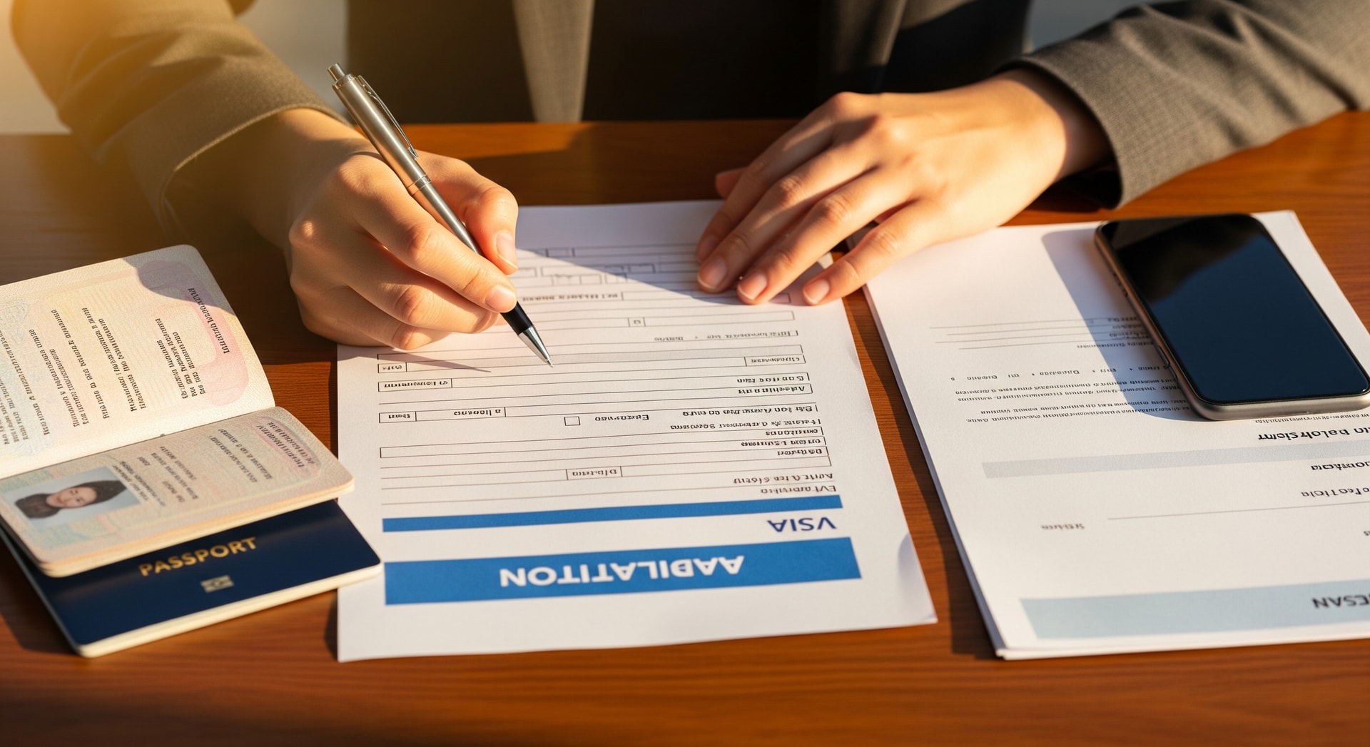 Person carefully reviewing visa application form with passport and documents