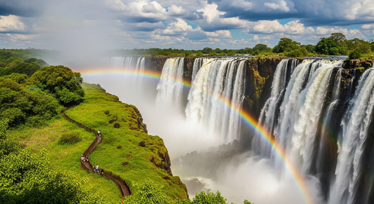 Victoria Falls (Mosi-oa-Tunya) on the Zambia-Zimbabwe border with rainbow mist