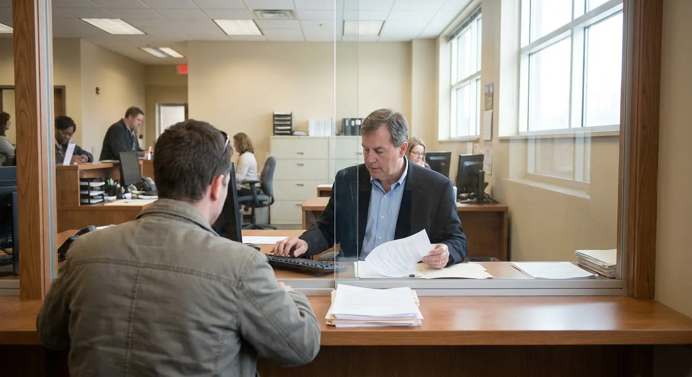 An applicant at a government office counter, papers in front of them, a caseworker reading their file on the other side of the glass