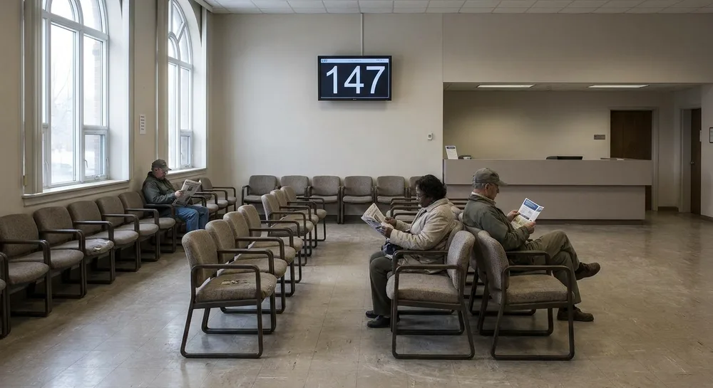 A government office waiting area, rows of empty chairs and a numbered display on the wall