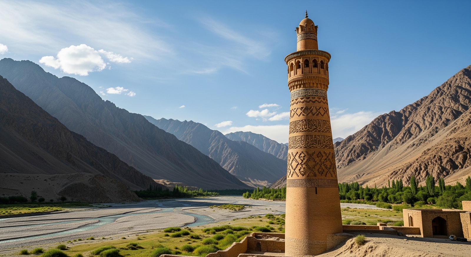 The historic Minaret of Jam rising from the valley floor surrounded by mountains in Ghor Province Afghanistan