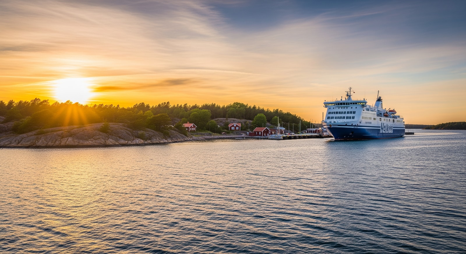 Large passenger ferry approaching Mariehamn harbor with the Åland Islands coastline in the background