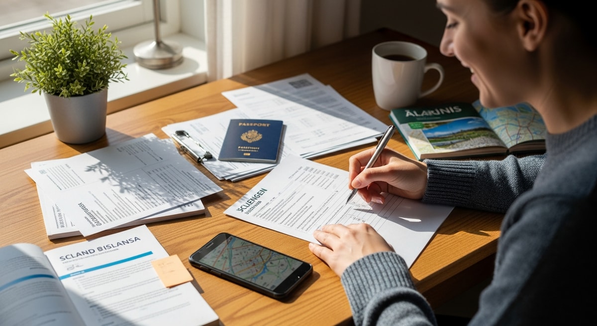 Traveler preparing Schengen visa application documents for Åland Islands travel