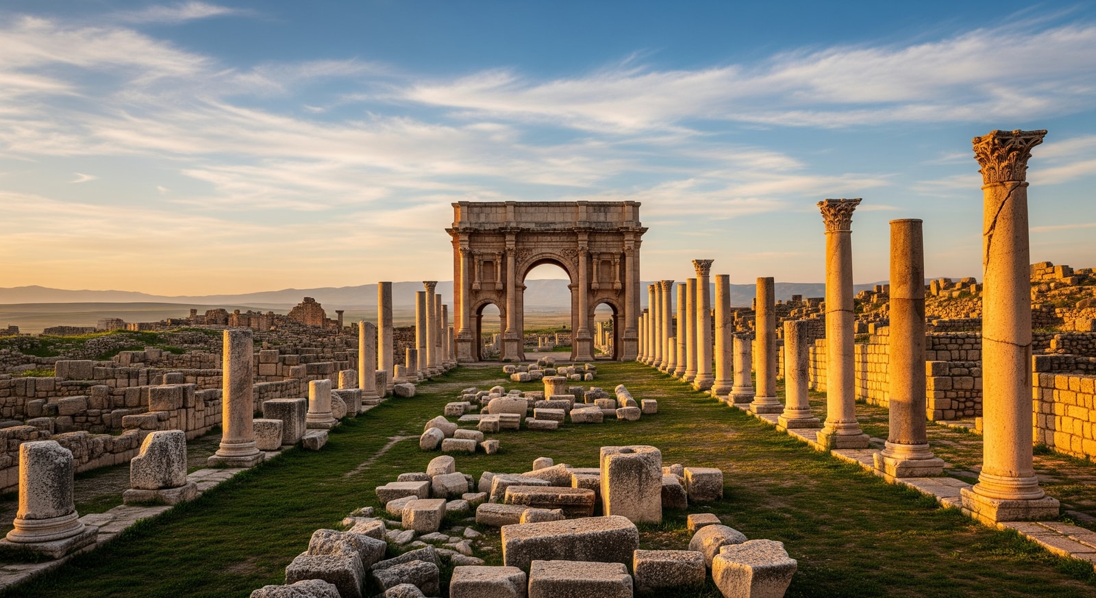 Ancient Roman ruins of Timgad with well-preserved columns and Trajan's Arch in Algeria