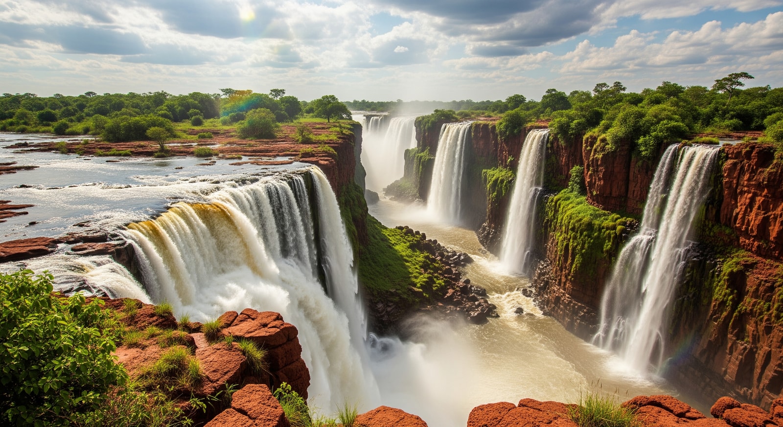 Kalandula Falls in Malanje Province with massive water cascading over red laterite cliffs into the Lucala River