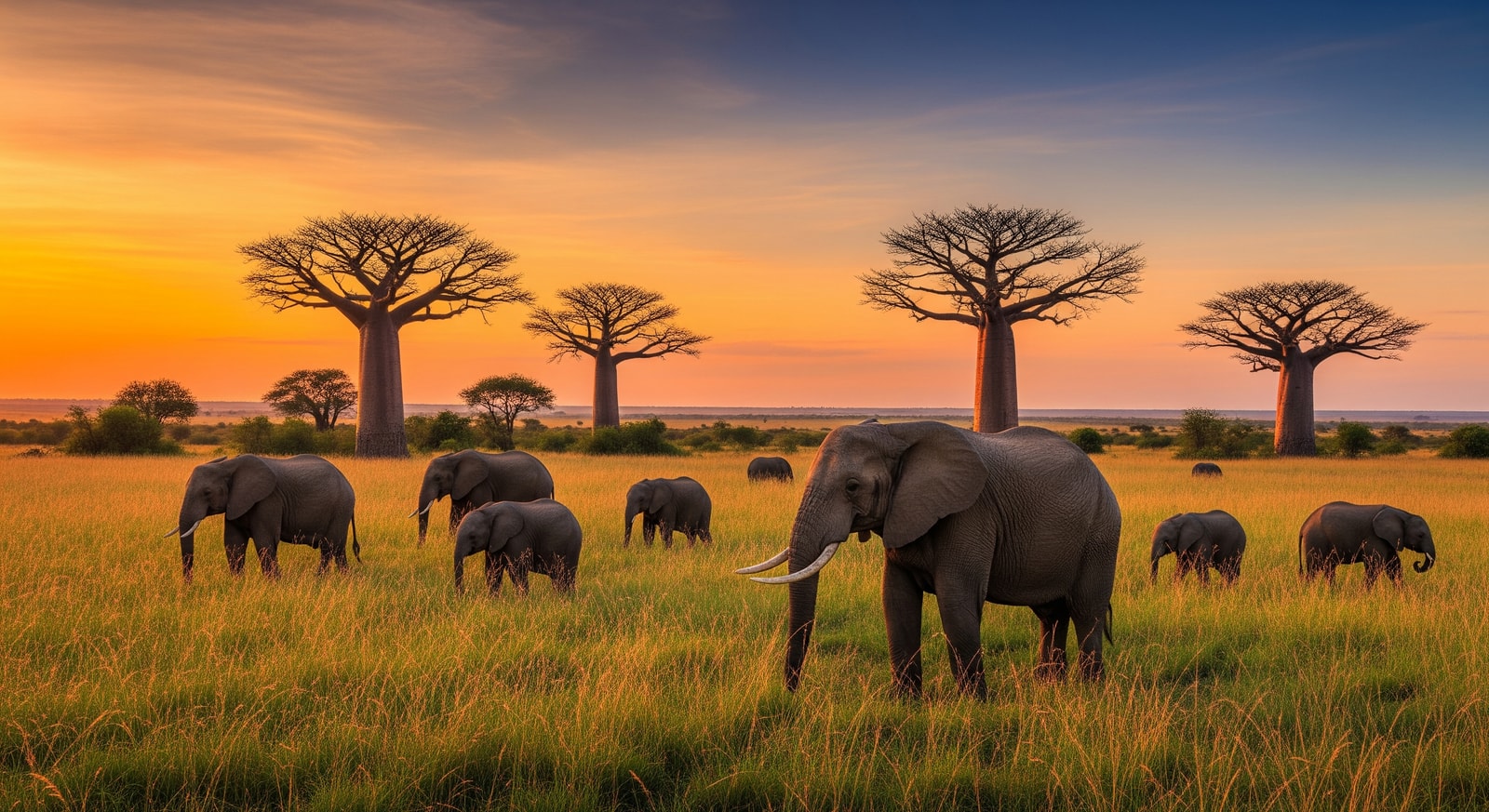Elephants grazing in the savanna of Kissama National Park with baobab trees in the background