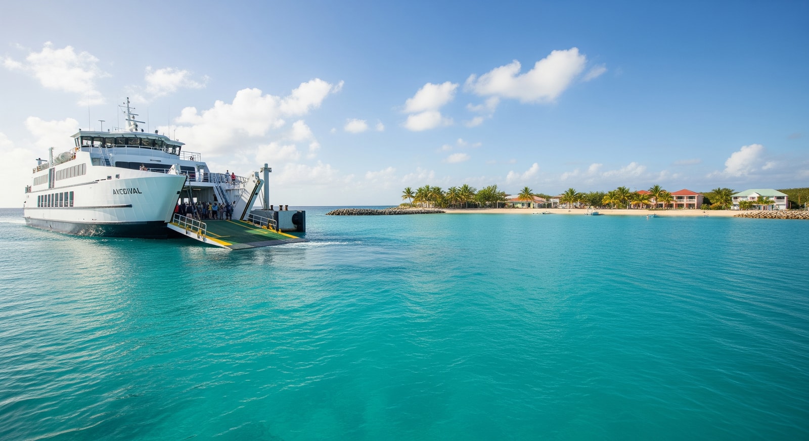 Ferry boat arriving at Blowing Point Terminal with turquoise Caribbean waters