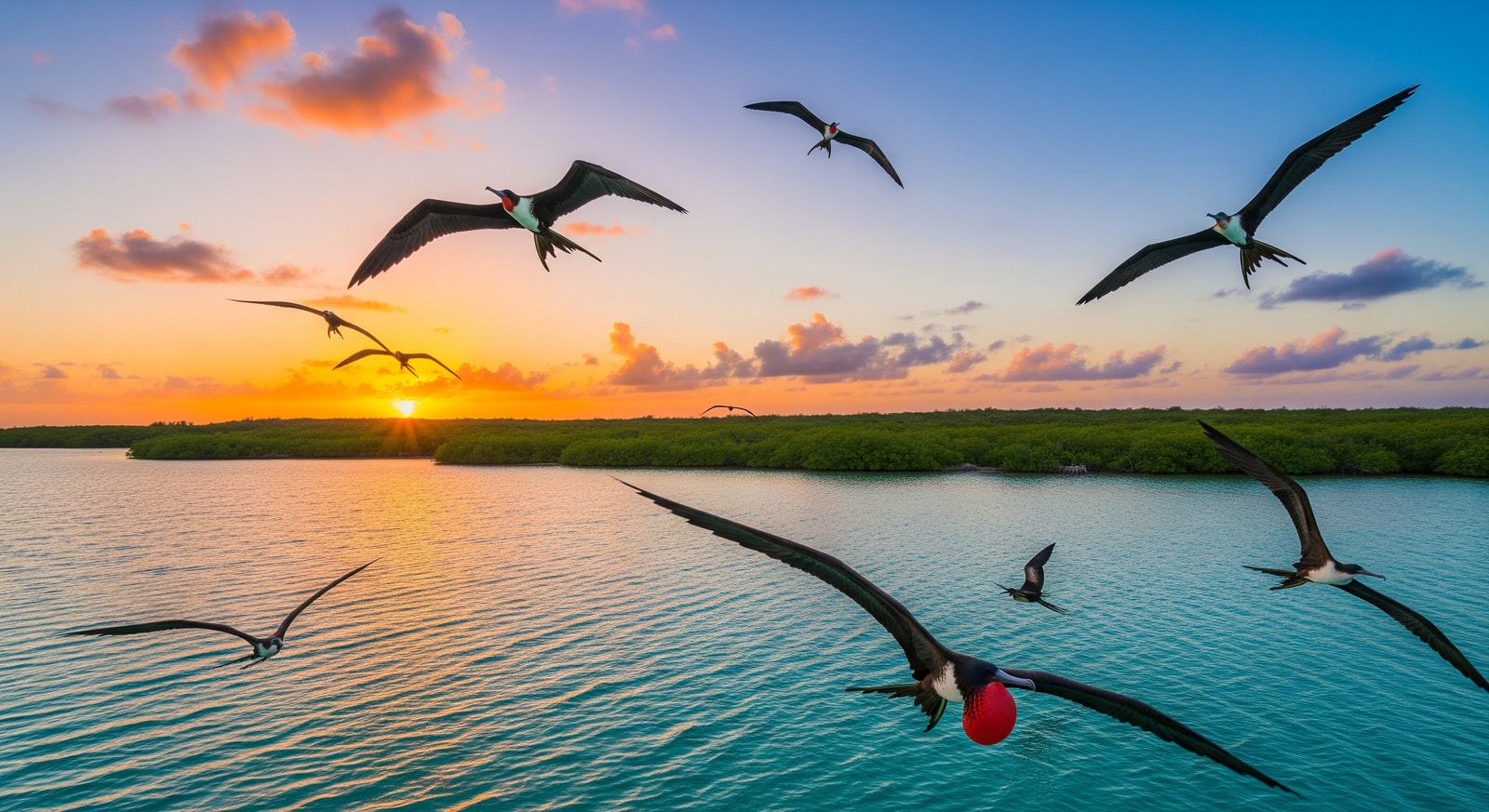 Magnificent frigate birds soaring over the Frigate Bird Sanctuary on Barbuda island
