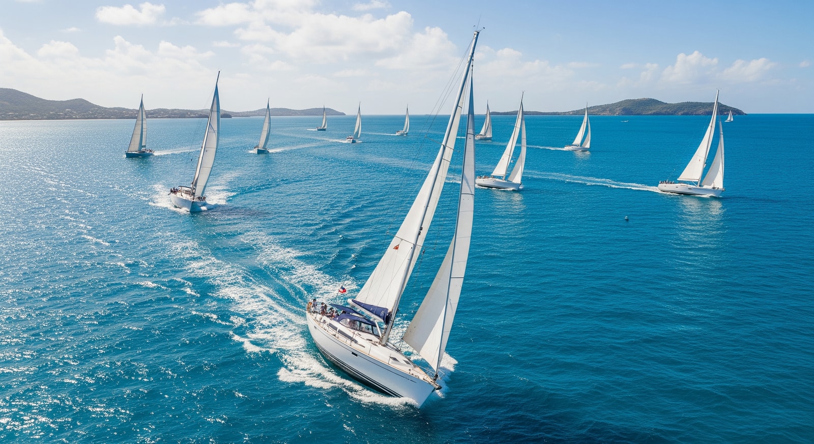 Luxury sailing yachts racing during Antigua Sailing Week with blue Caribbean waters