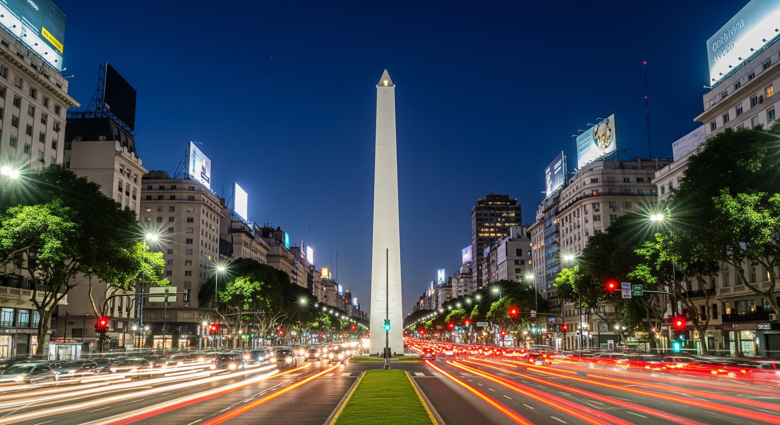 The iconic Obelisco monument in Buenos Aires at night with city lights and busy Avenida 9 de Julio