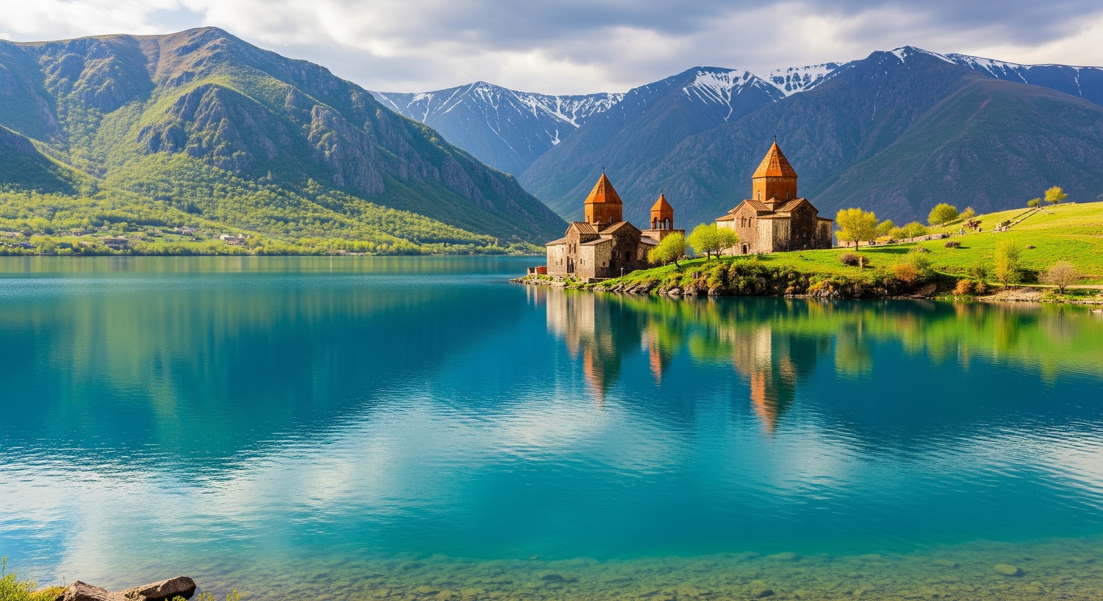 Lake Sevan with crystal blue waters surrounded by mountains and ancient Sevanavank monastery on the peninsula
