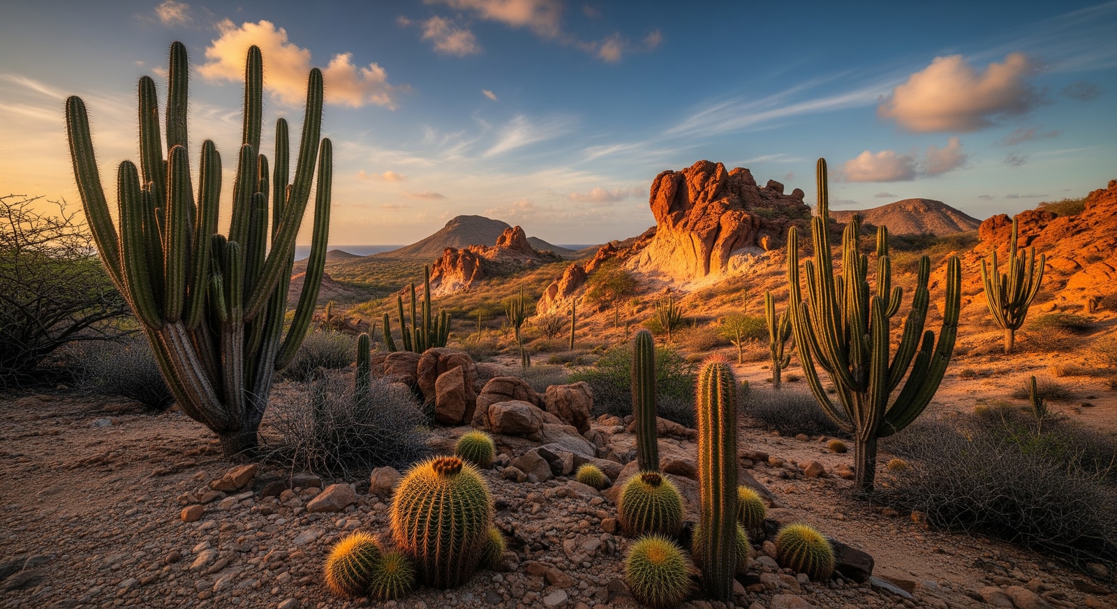 Dramatic desert landscape with cacti and rock formations in Arikok National Park, Aruba