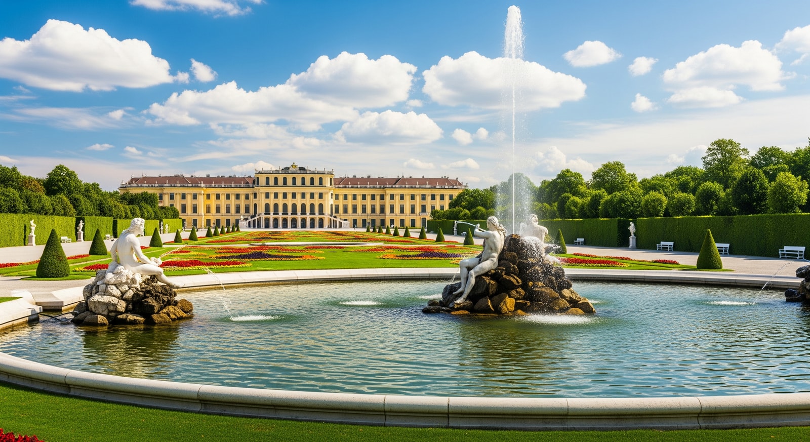 Schonbrunn Palace and its magnificent baroque gardens with Neptune Fountain in summer