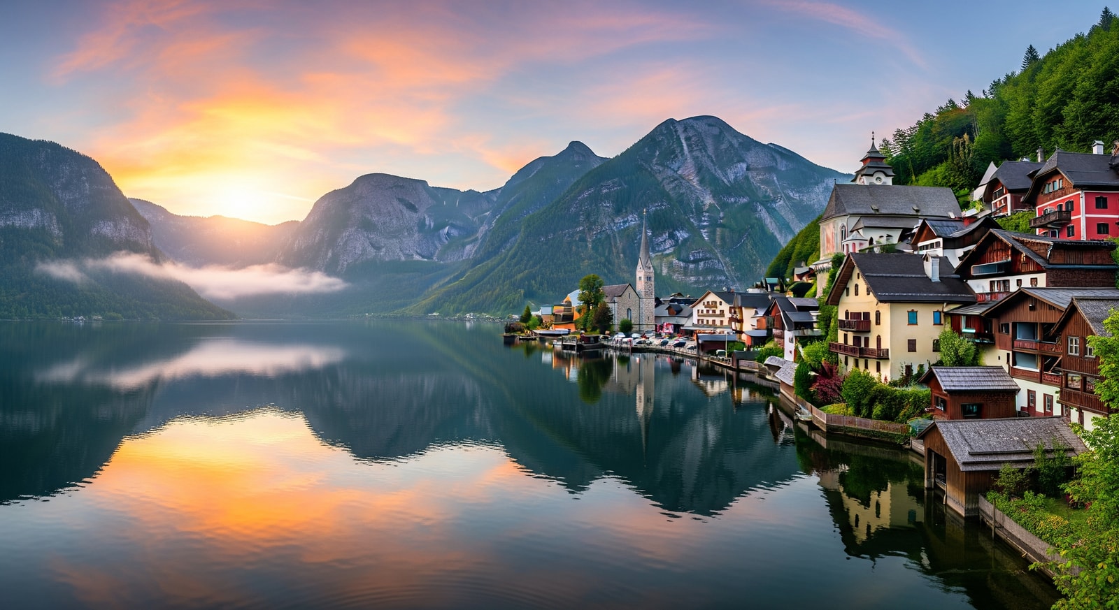 Scenic view of Hallstatt village with traditional Alpine houses reflected in the lake at sunrise