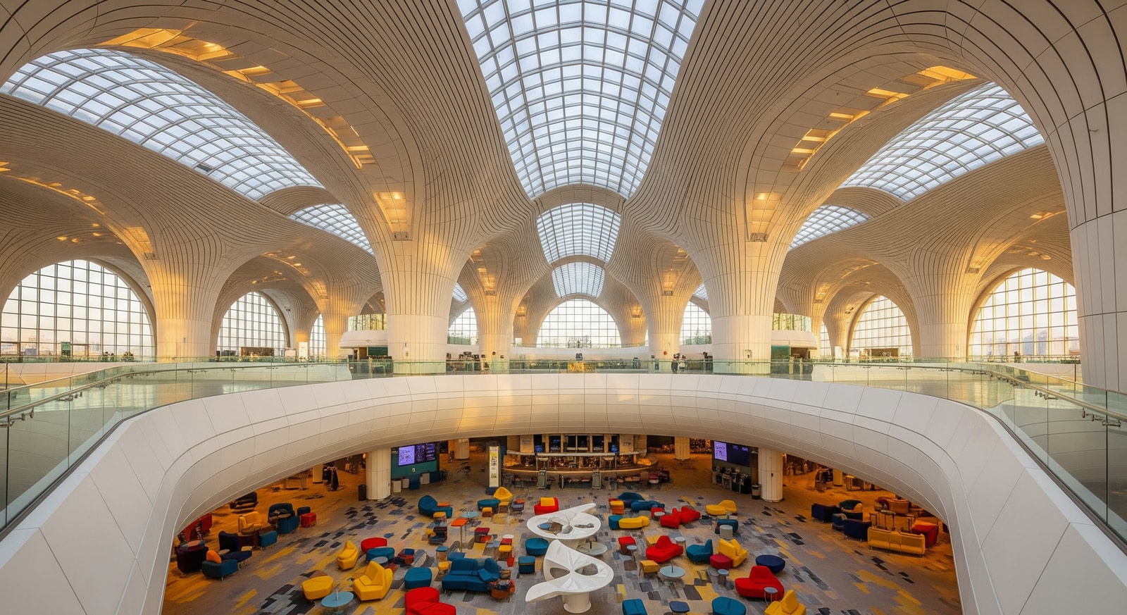 Modern interior of Heydar Aliyev International Airport in Baku with distinctive wave-like architecture