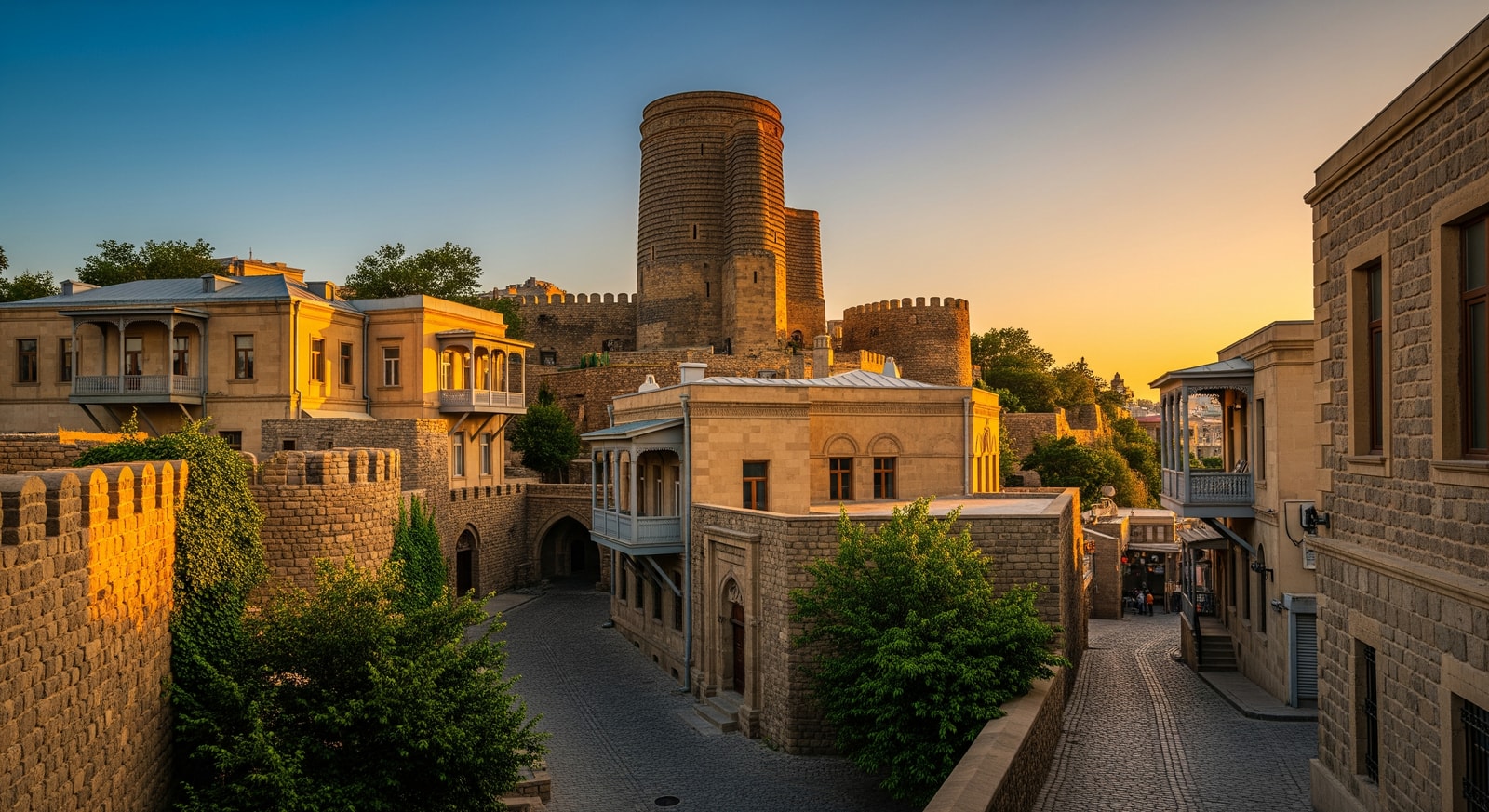 Ancient stone walls and narrow streets of Icherisheher Old City in Baku with Maiden Tower visible