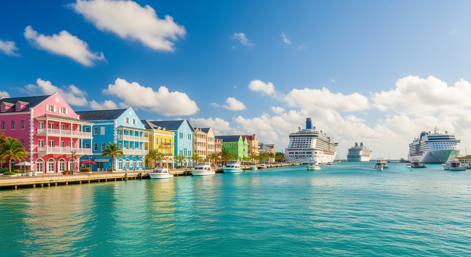 Colorful colonial buildings along the waterfront in Nassau, Bahamas with cruise ships in the harbor