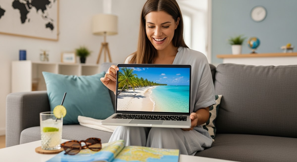 Happy traveler planning Bahamas vacation with laptop showing tropical beach scenery