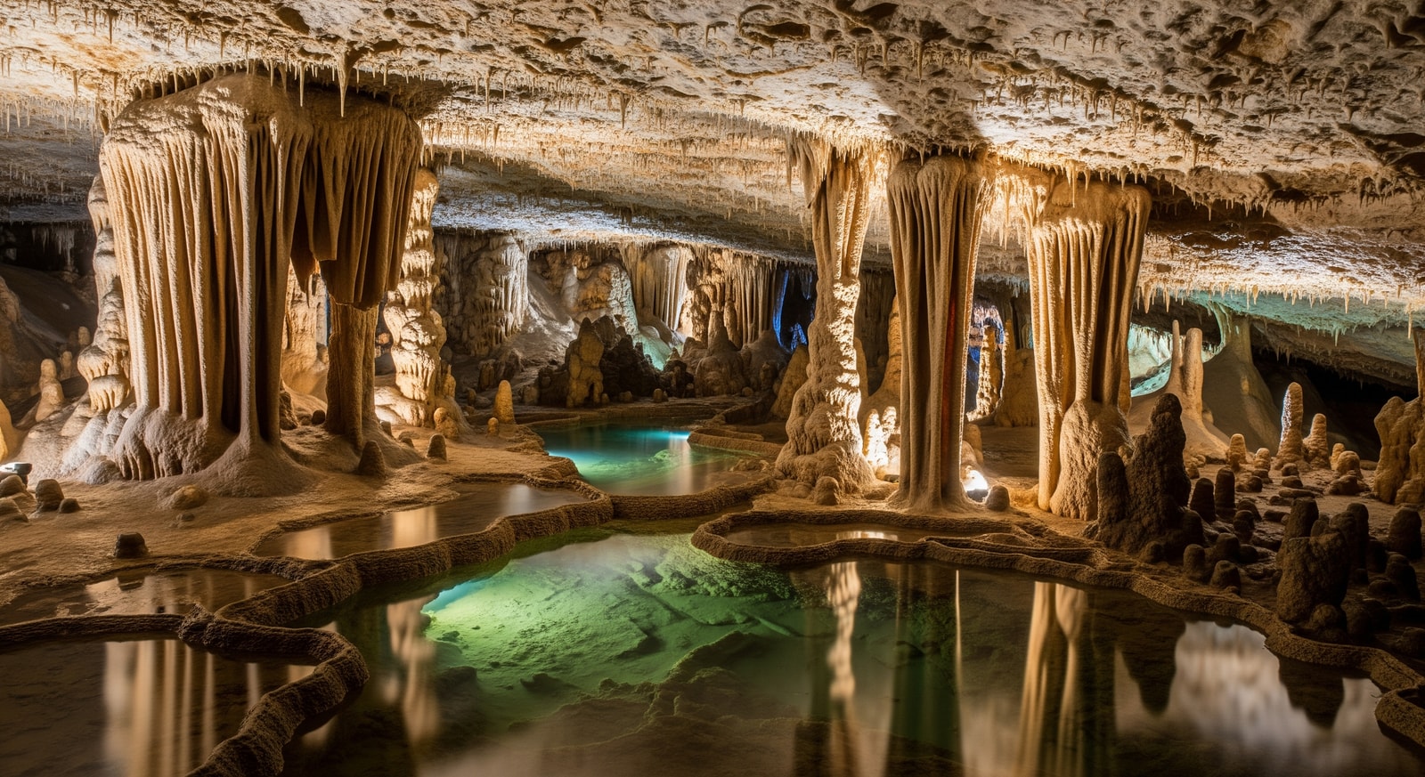 Spectacular limestone formations inside Harrison's Cave underground caverns in Barbados