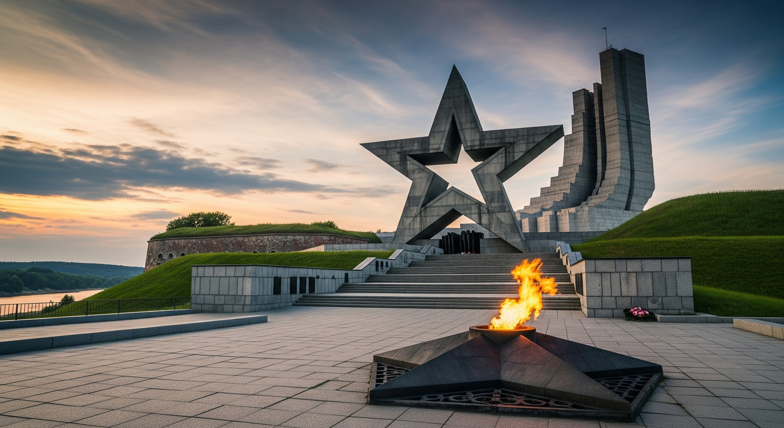 The heroic Brest Fortress memorial with its massive concrete star entrance and eternal flame