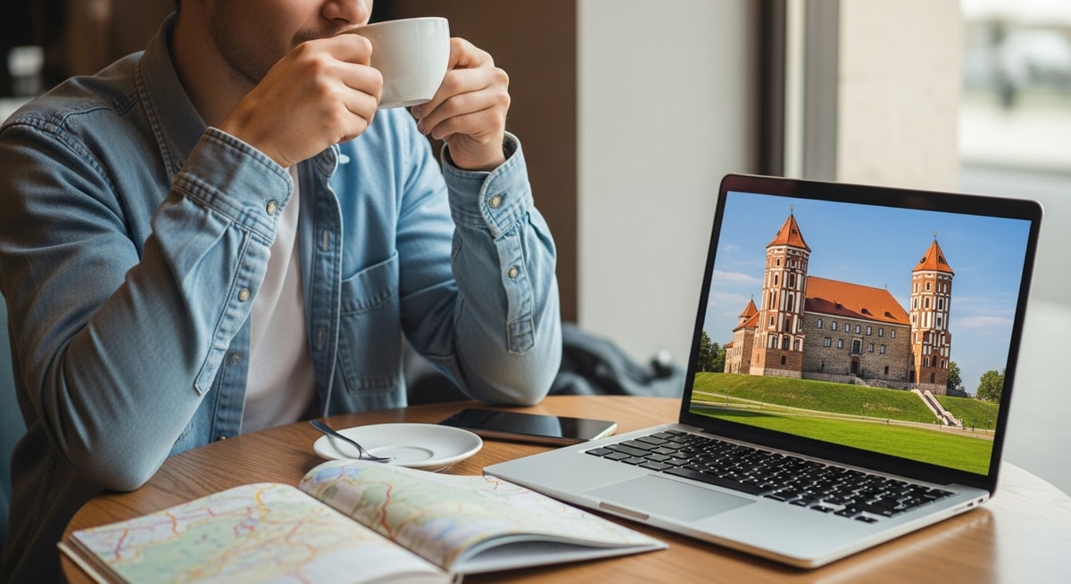 Traveler planning Belarus trip with laptop showing Mir Castle while enjoying coffee