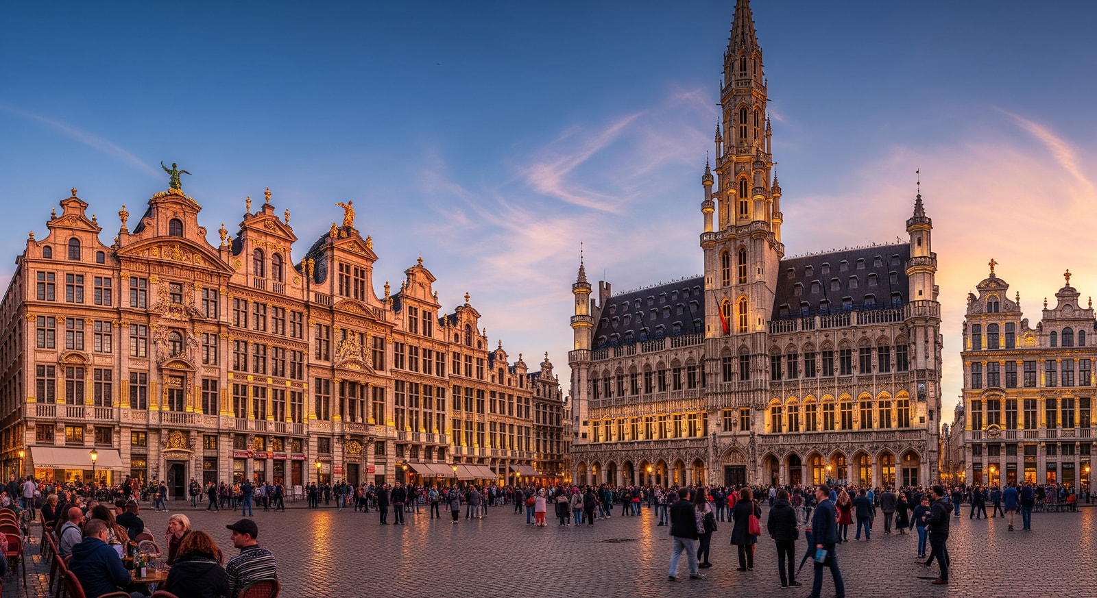Panoramic view of Brussels Grand Place with ornate Baroque guild houses and the Gothic Town Hall tower