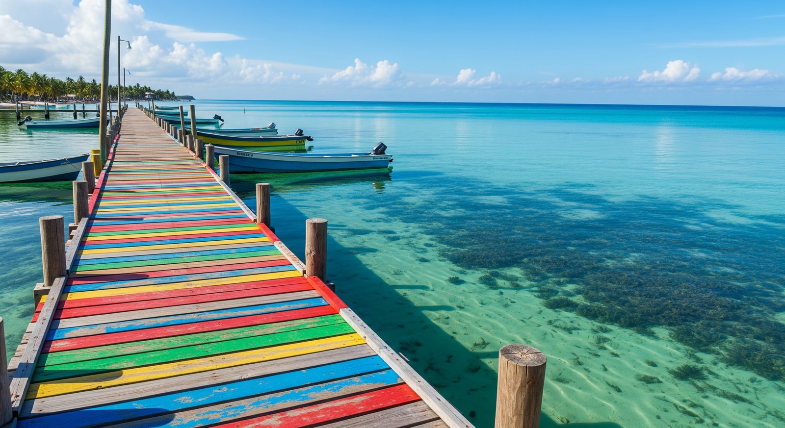 Colorful wooden pier extending into crystal clear Caribbean waters at Caye Caulker