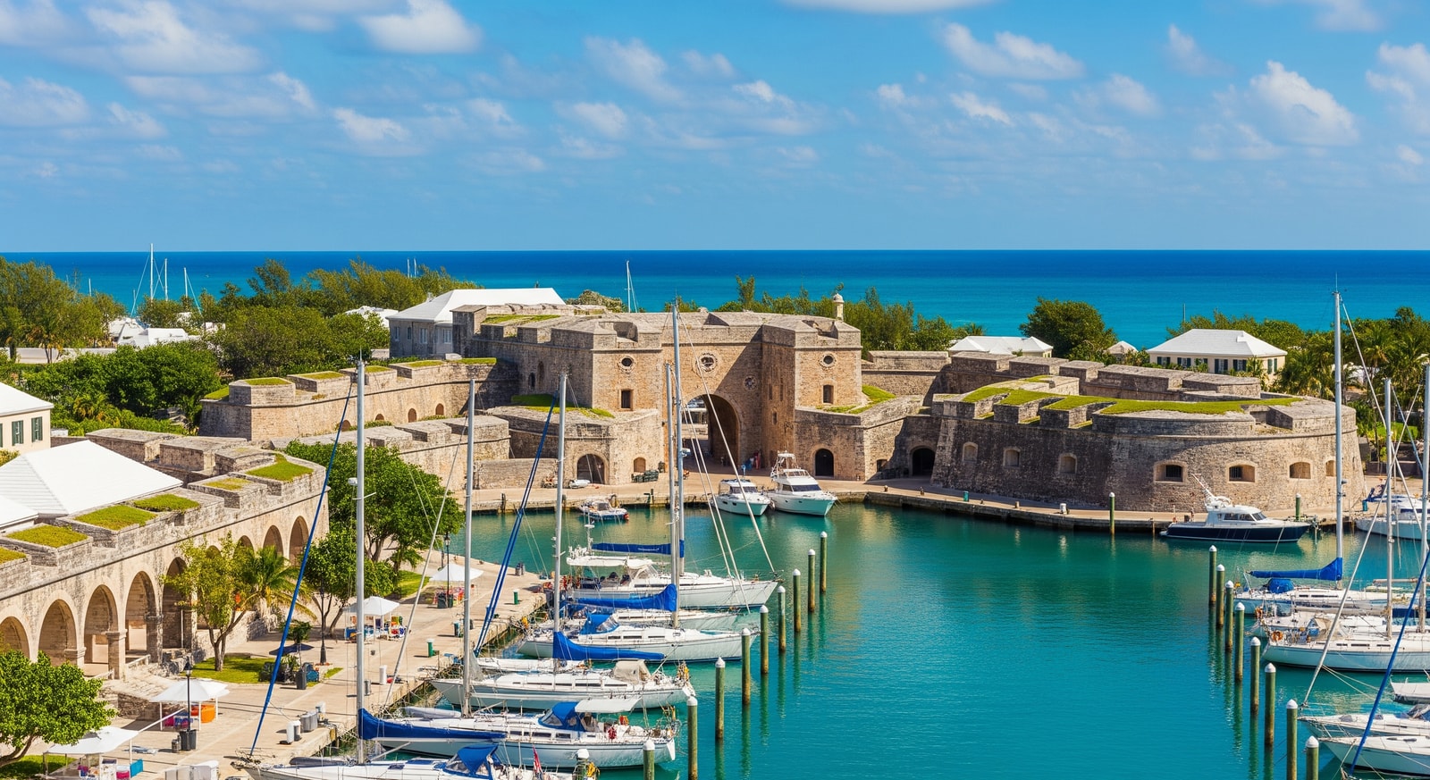 Historic Royal Naval Dockyard in Bermuda with stone fortress walls and marina full of sailing yachts