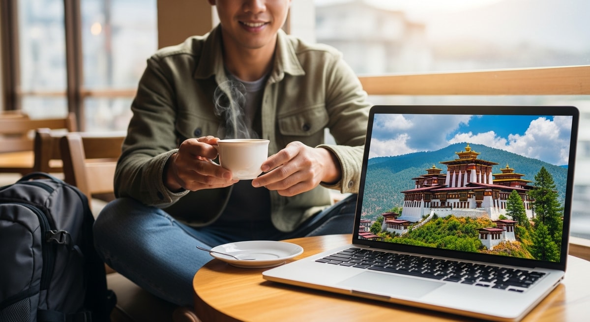 Traveler planning Bhutan trip with laptop showing Punakha Dzong while enjoying butter tea