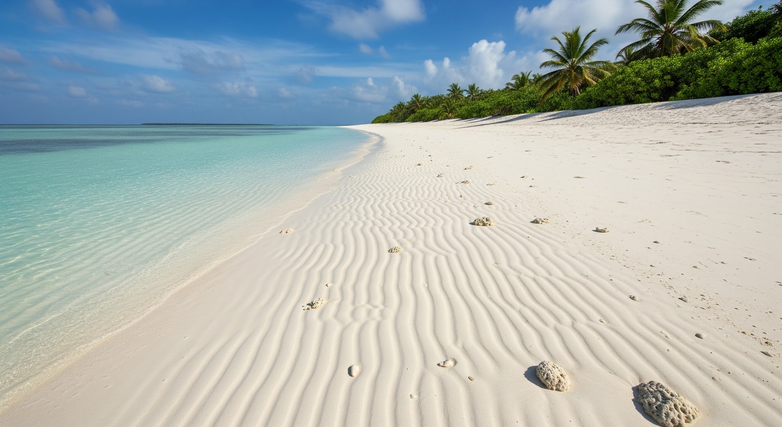 Pristine white sand beach with crystal-clear shallow waters on an uninhabited Chagos outer island