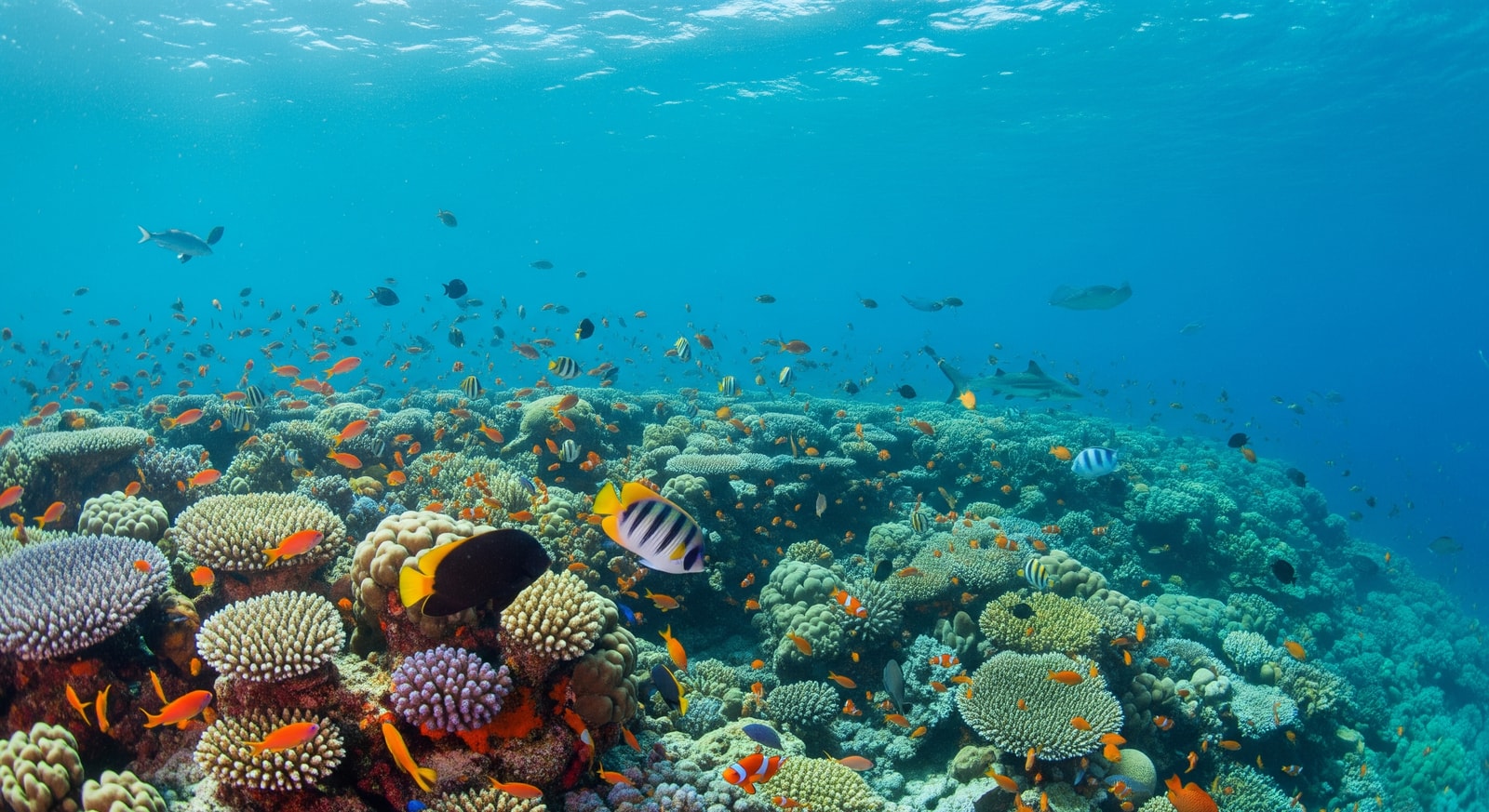 Pristine coral reef teeming with tropical fish in the crystal-clear waters of the Chagos Marine Protected Area