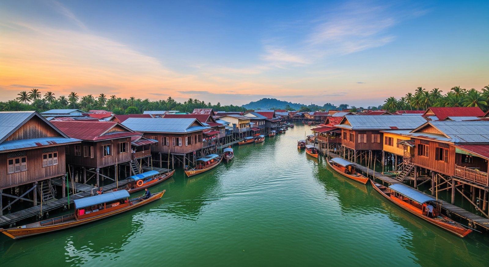 Traditional wooden houses on stilts over the Brunei River in Kampong Ayer water village