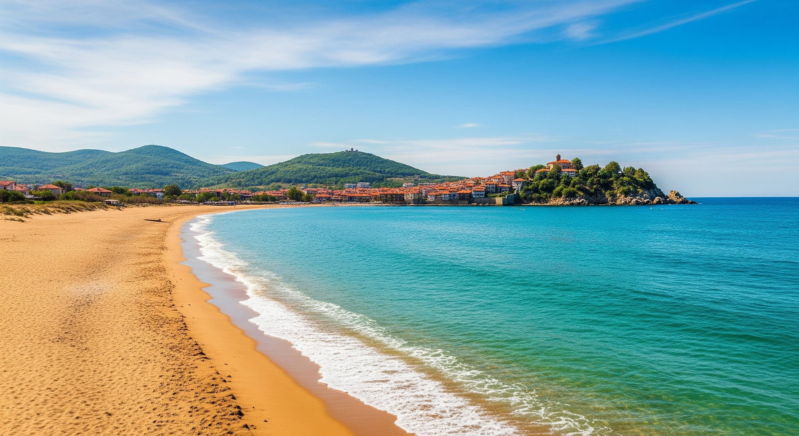 Golden sandy beach and turquoise waters of the Bulgarian Black Sea coast near Nessebar