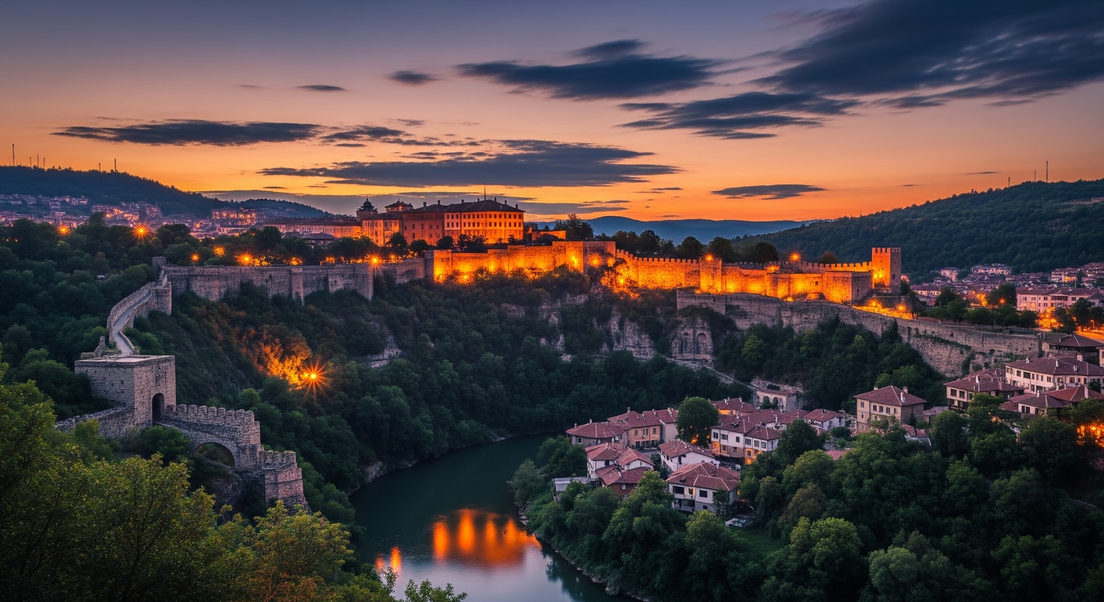 Tsarevets Fortress in Veliko Tarnovo perched on a hill above the Yantra River at dusk