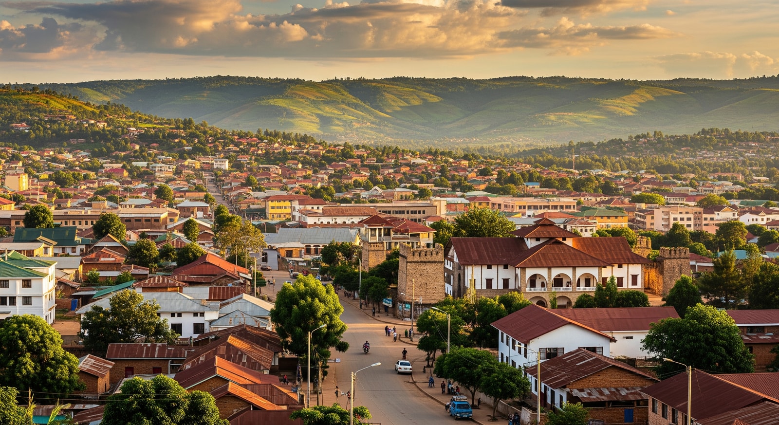 Panoramic view of Gitega city with traditional buildings and the Royal Palace Museum