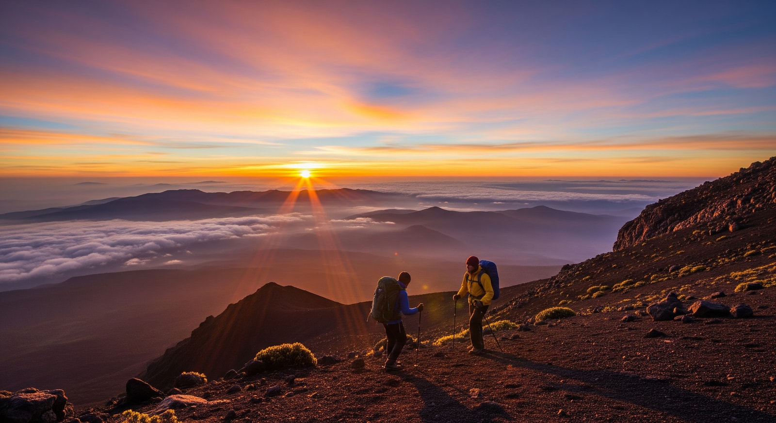 Hikers ascending the volcanic slopes of Mount Cameroon above the cloud line at sunrise