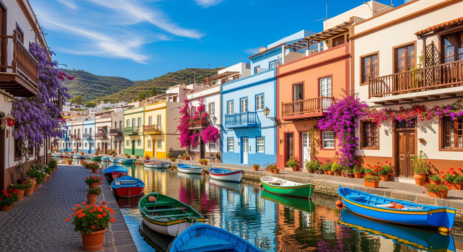 Colorful traditional houses in Puerto de Mogan fishing village with boats and flowers in Gran Canaria
