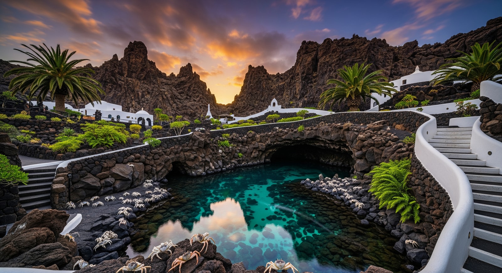 Dramatic volcanic landscape with Cesar Manrique's Jameos del Agua cave system in Lanzarote