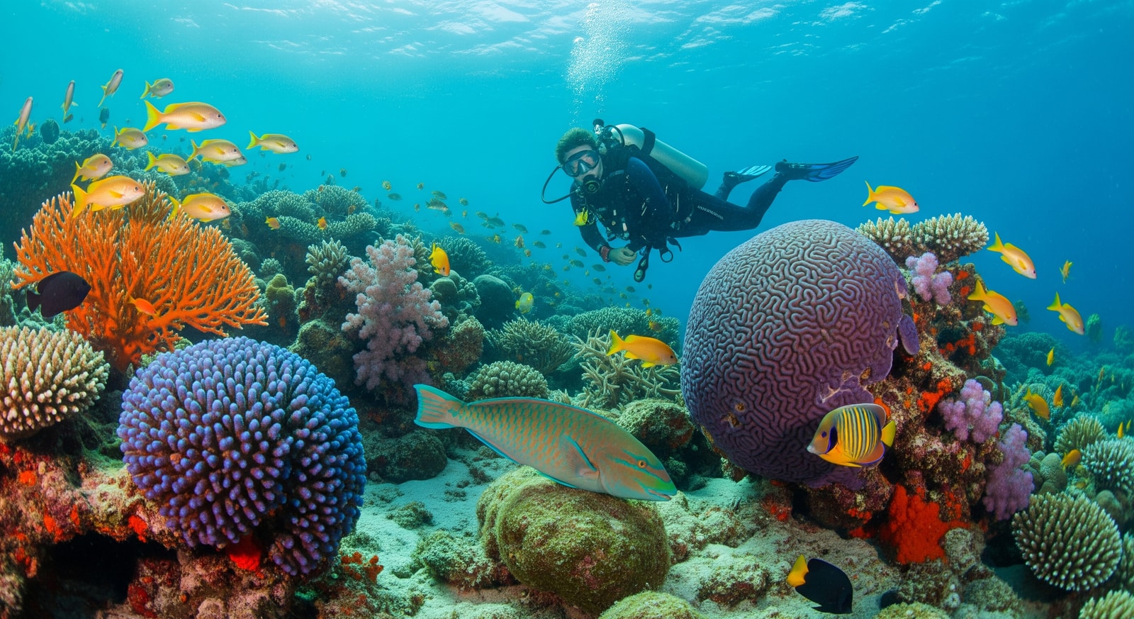 Scuba diver exploring vibrant coral reef with tropical fish in Bonaire Marine Park