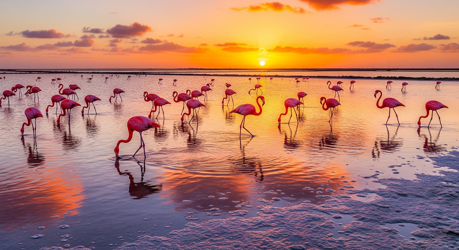 Flock of pink flamingos wading in the salt flats of southern Bonaire at sunset