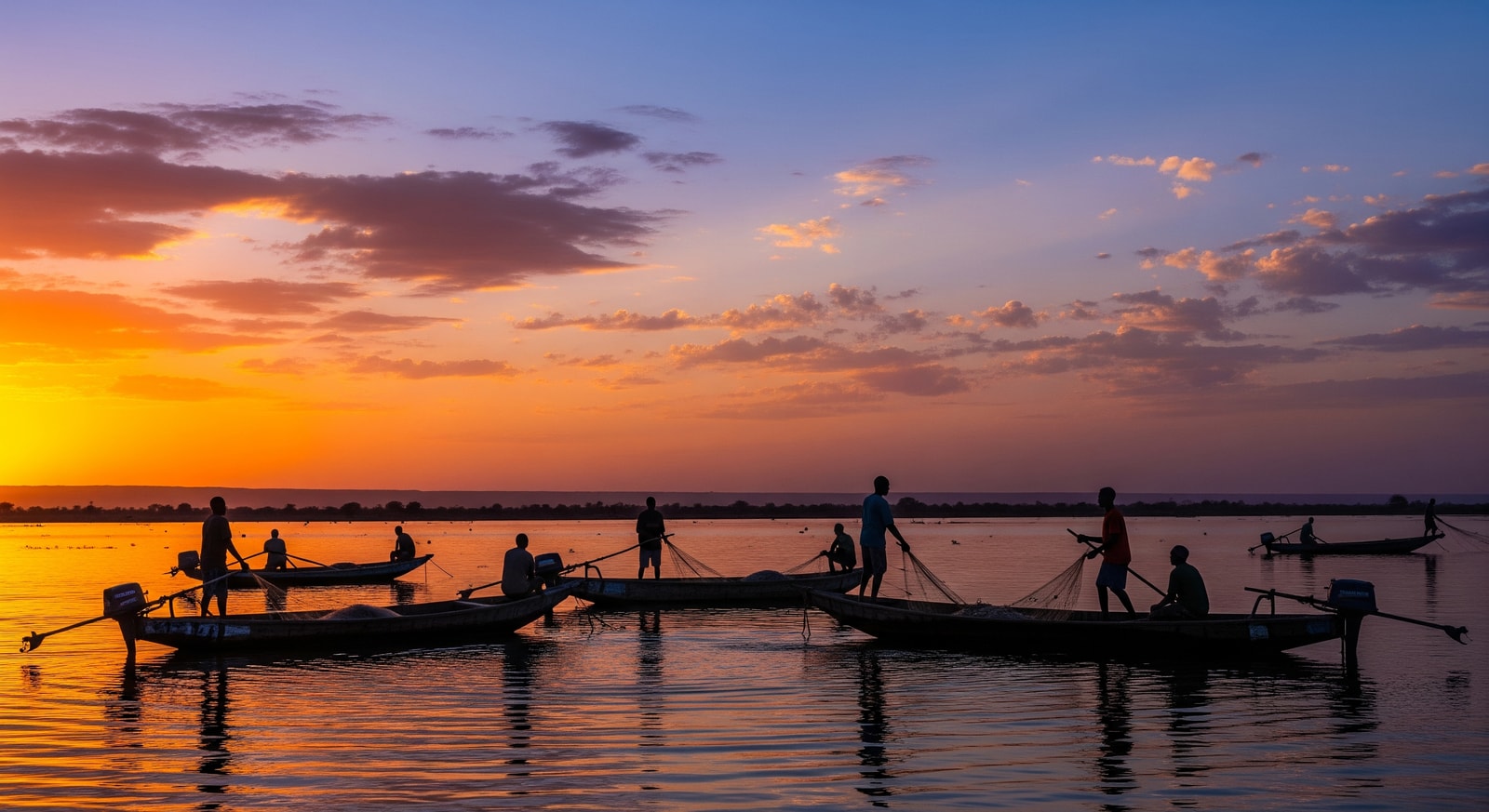 Traditional fishing boats on Lake Chad with local fishermen at sunset