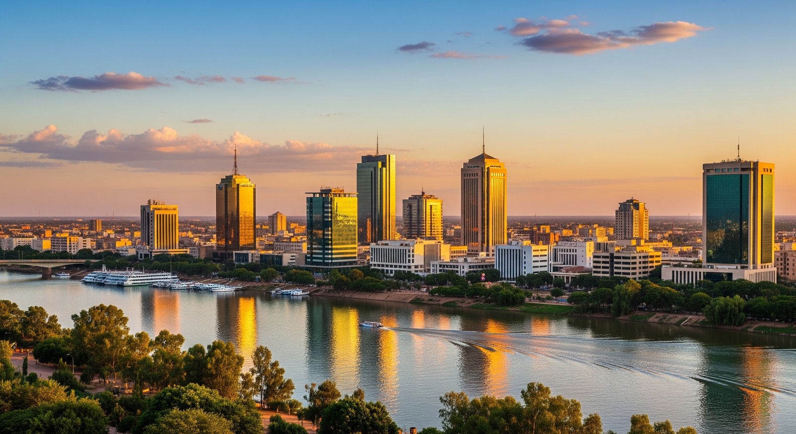 View of N'Djamena city center with the Chari River and modern buildings in the capital