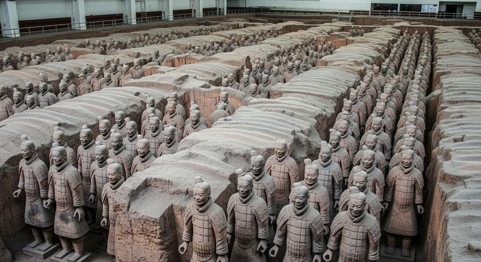 Terracotta Warriors standing in formation in their excavation pit in Xi'an showcasing ancient Chinese craftsmanship
