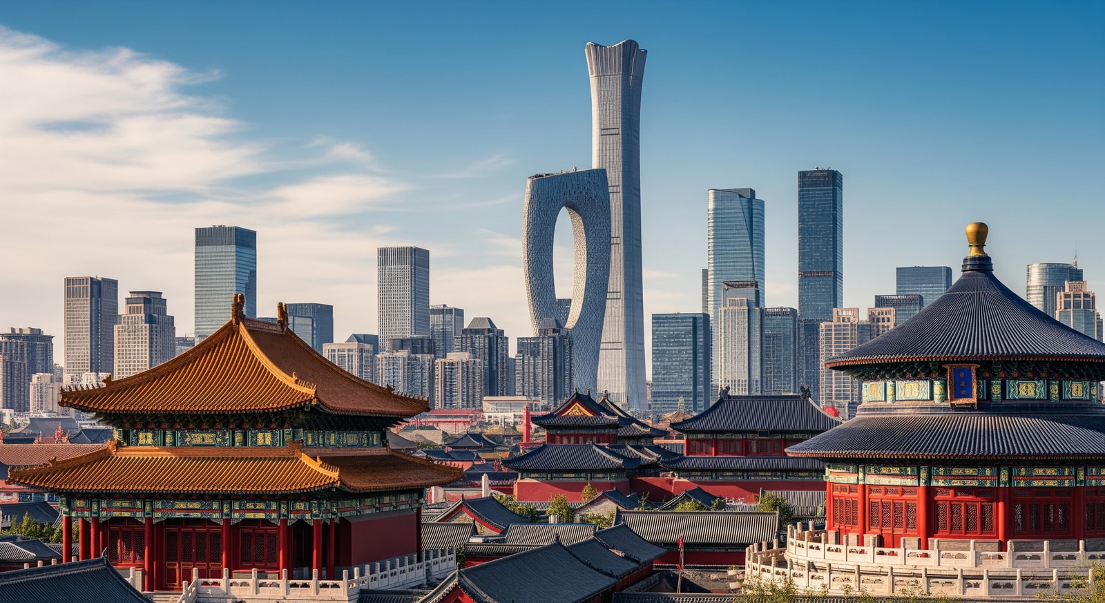 Beijing skyline featuring modern skyscrapers alongside traditional Chinese architecture with CCTV Tower prominent against blue sky