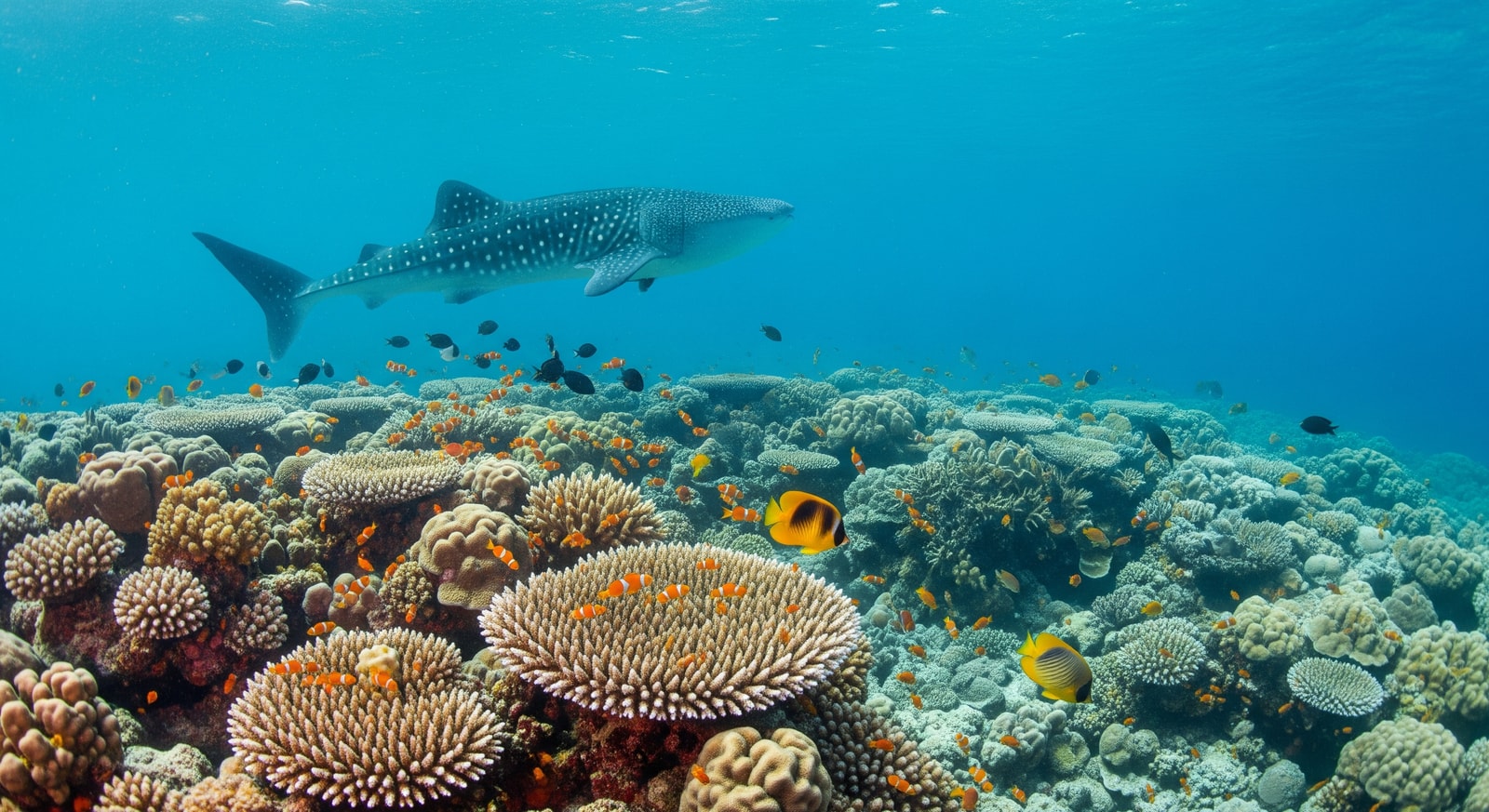 Crystal clear waters with vibrant coral reef and tropical fish around Christmas Island