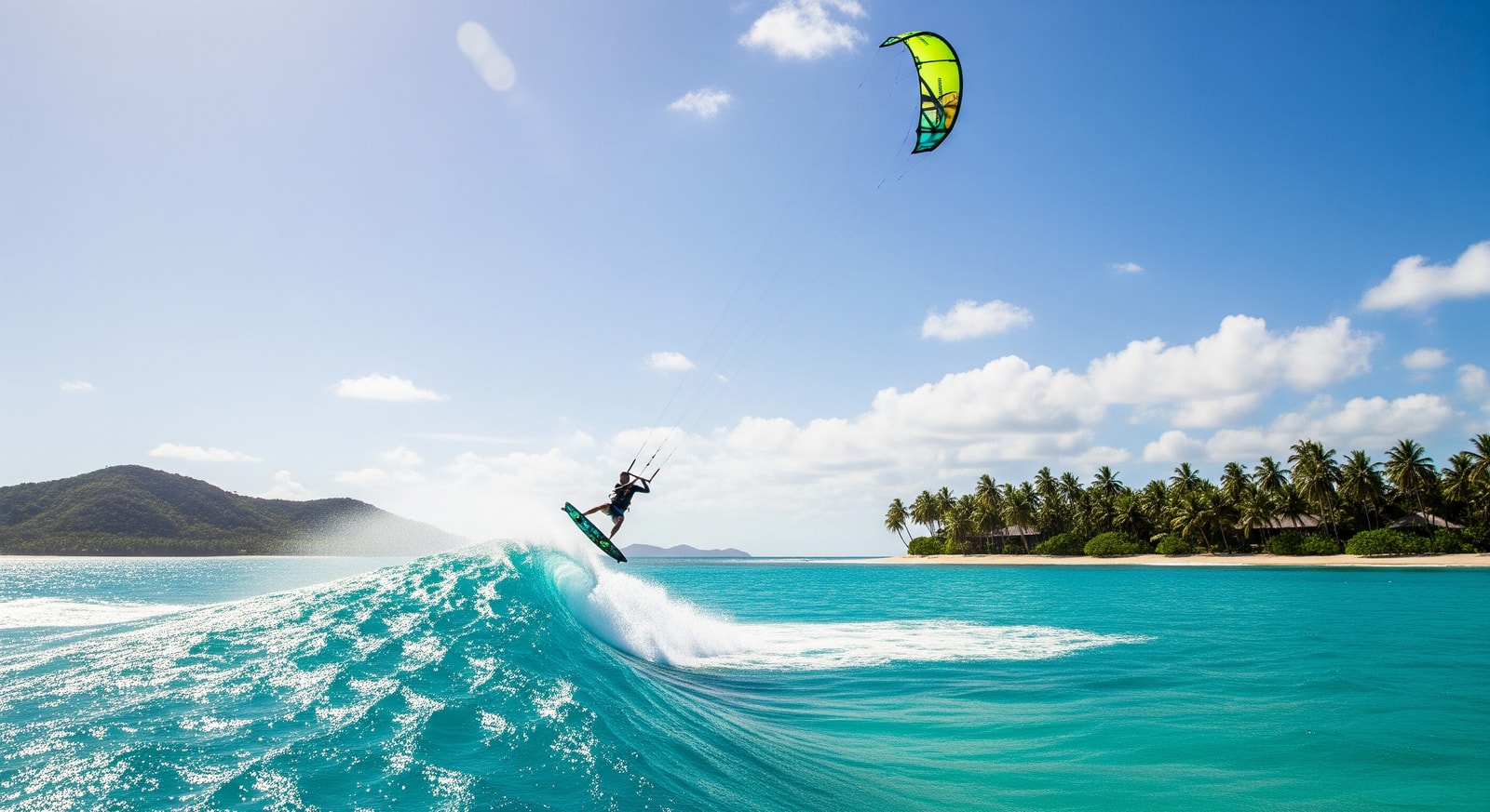 Kitesurfer riding waves in the turquoise waters of Cocos Keeling Islands lagoon