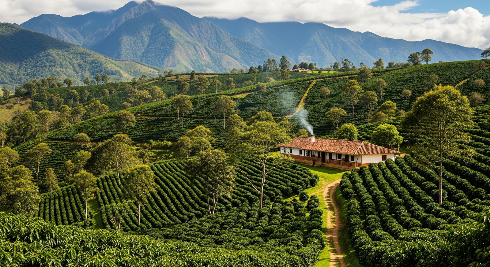 Lush green coffee plantations in Colombia's Coffee Triangle with traditional farmhouse and Andes mountains backdrop