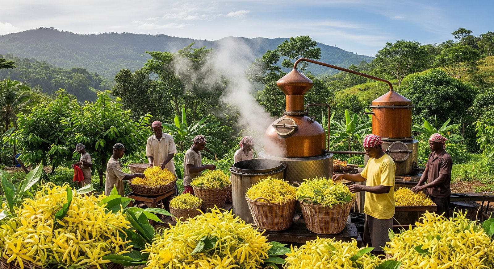 Traditional ylang-ylang distillery in Comoros with fragrant yellow flowers being processed