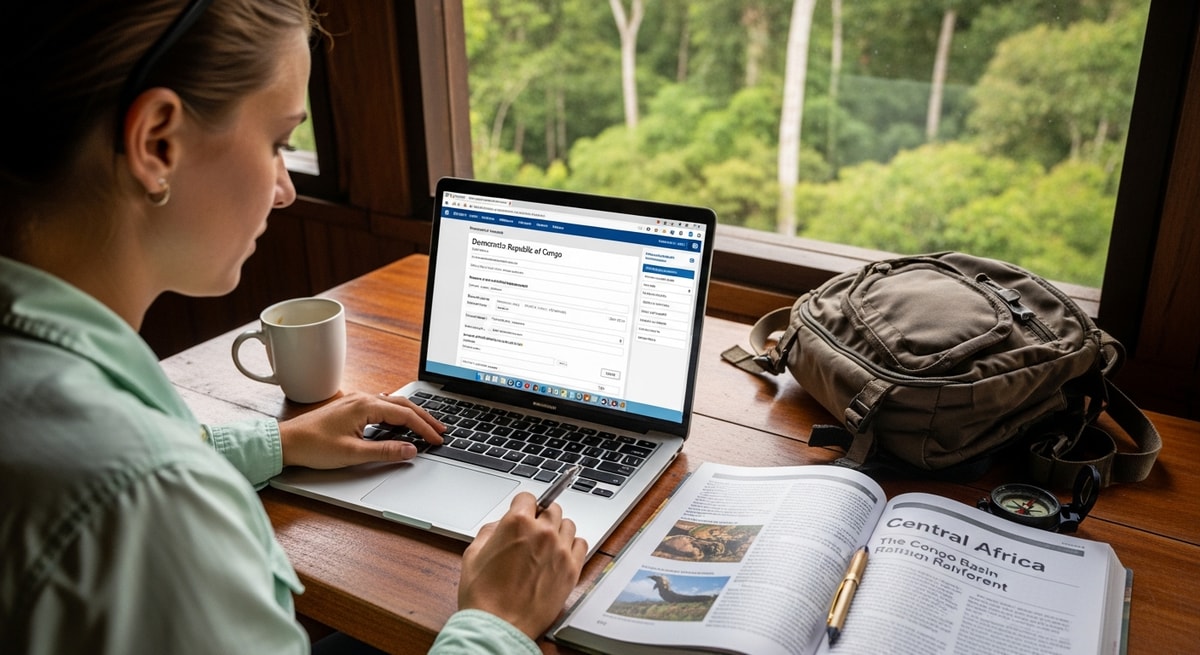 Traveler using laptop to apply for Congo visa while planning rainforest expedition