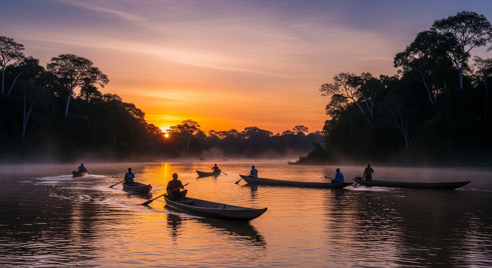 Traditional wooden pirogue boats on the Congo River with dense rainforest along the banks at sunset